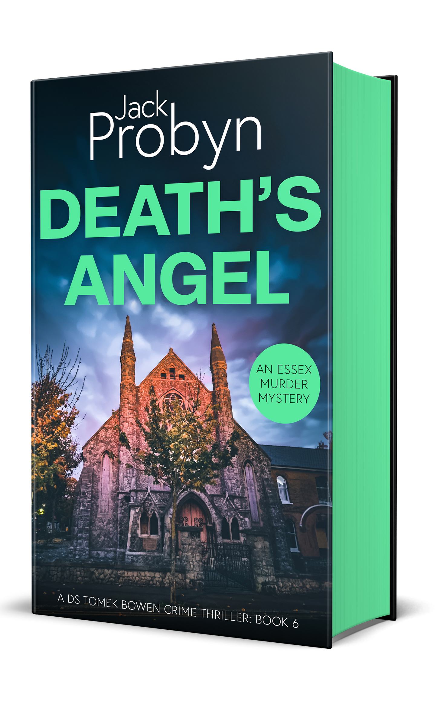 Book cover of Death’s Angel by Jack Probyn. A gritty Essex Murder Mystery featuring an imposing stone gothic church at night, illuminated by warm orange light against a moody blue and purple sky. Book 6 in the DS Tomek Bowen series, perfect for fans of JD Kirk and JM Dalgliesh