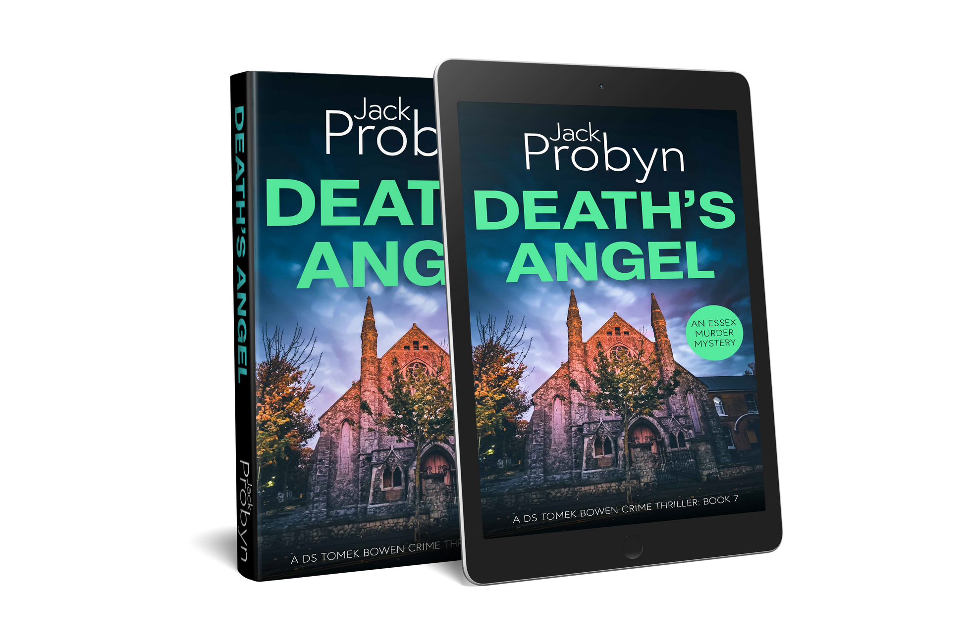 Book cover of Death’s Angel by Jack Probyn. A gritty Essex Murder Mystery featuring an imposing stone gothic church at night, illuminated by warm orange light against a moody blue and purple sky. Book 6 in the DS Tomek Bowen series, perfect for fans of JD Kirk and JM Dalgliesh