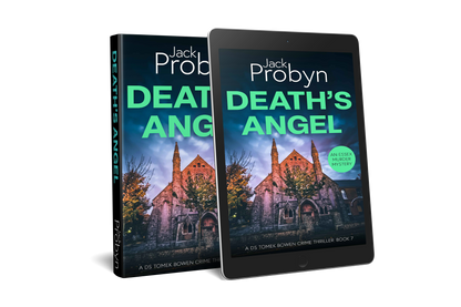 Book cover of Death’s Angel by Jack Probyn. A gritty Essex Murder Mystery featuring an imposing stone gothic church at night, illuminated by warm orange light against a moody blue and purple sky. Book 6 in the DS Tomek Bowen series, perfect for fans of JD Kirk and JM Dalgliesh