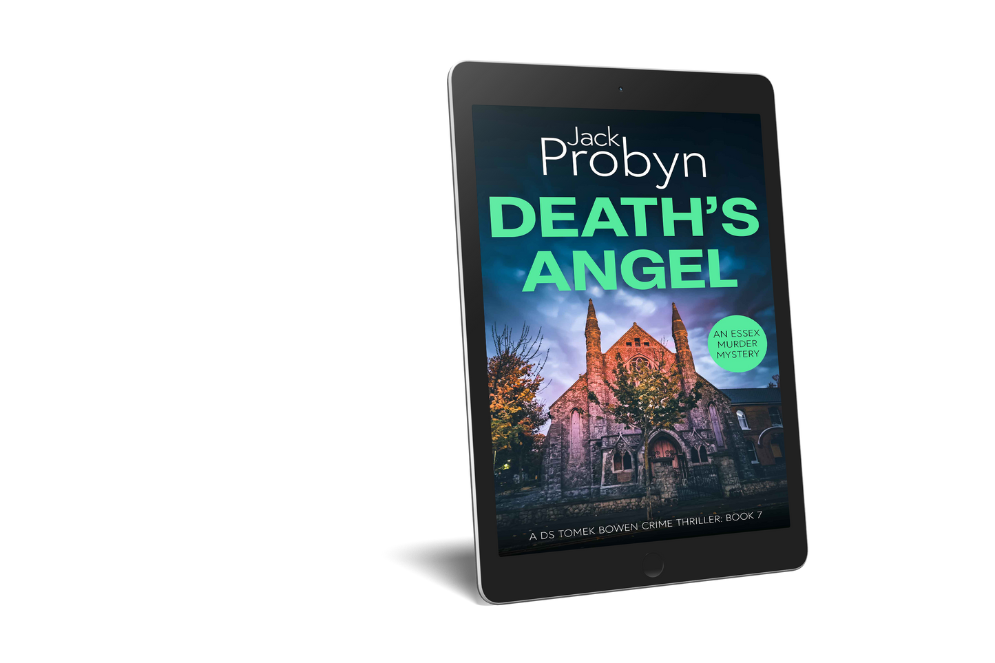 Book cover of Death’s Angel by Jack Probyn. A gritty Essex Murder Mystery featuring an imposing stone gothic church at night, illuminated by warm orange light against a moody blue and purple sky. Book 6 in the DS Tomek Bowen series, perfect for fans of JD Kirk and JM Dalgliesh