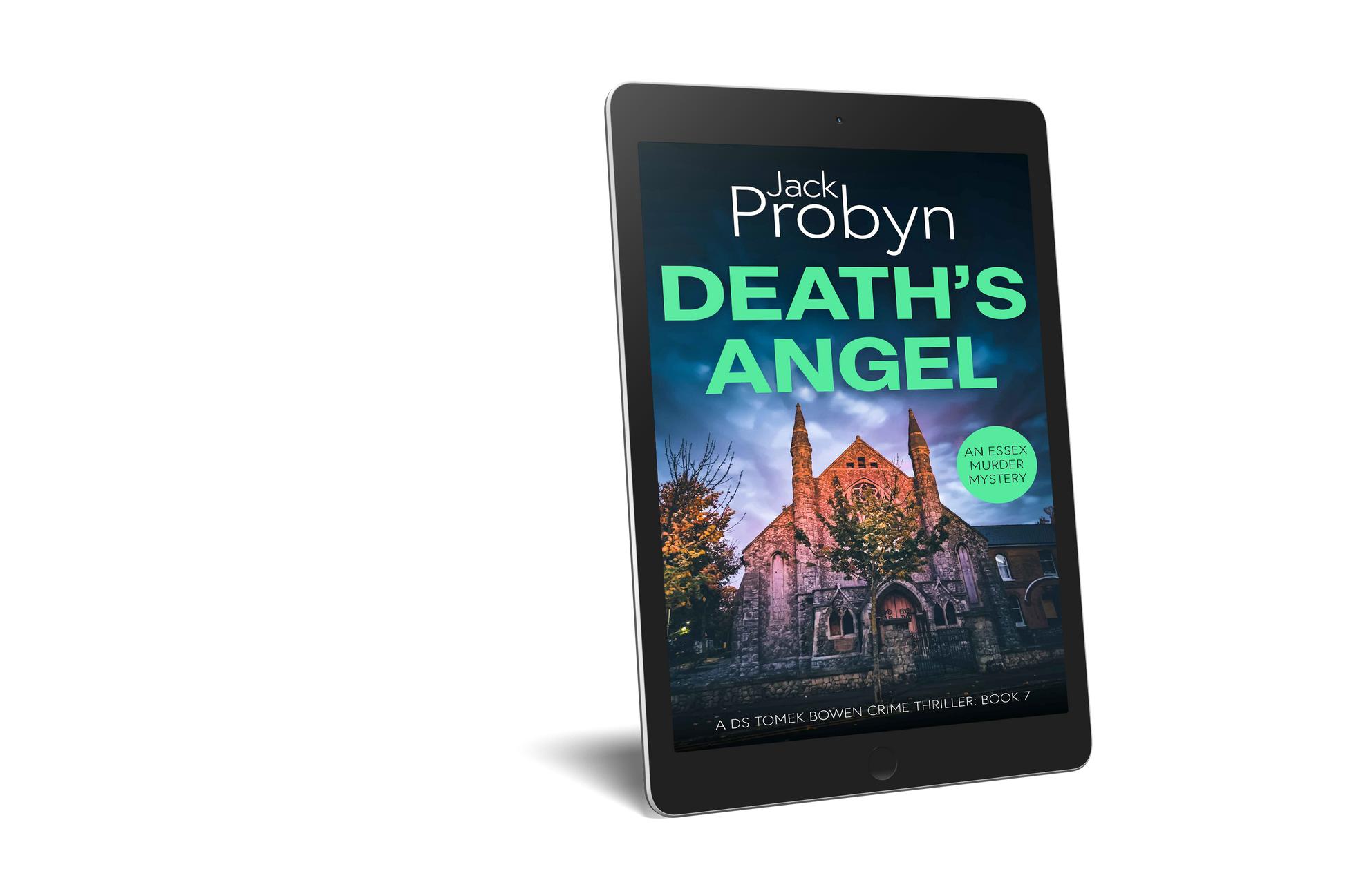 Book cover of Death’s Angel by Jack Probyn. A gritty Essex Murder Mystery featuring an imposing stone gothic church at night, illuminated by warm orange light against a moody blue and purple sky. Book 6 in the DS Tomek Bowen series, perfect for fans of JD Kirk and JM Dalgliesh