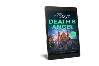 Book cover of Death’s Angel by Jack Probyn. A gritty Essex Murder Mystery featuring an imposing stone gothic church at night, illuminated by warm orange light against a moody blue and purple sky. Book 6 in the DS Tomek Bowen series, perfect for fans of JD Kirk and JM Dalgliesh