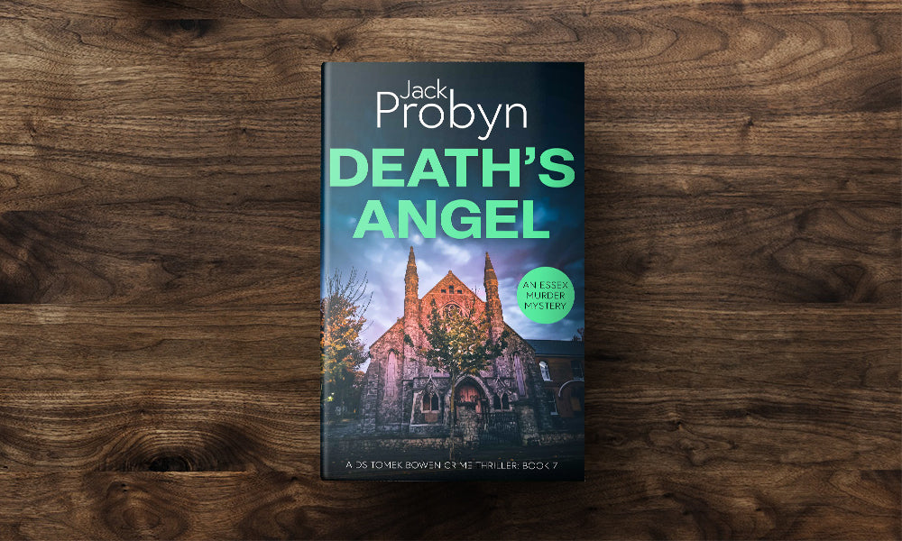 Book cover of Death’s Angel by Jack Probyn. A gritty Essex Murder Mystery featuring an imposing stone gothic church at night, illuminated by warm orange light against a moody blue and purple sky. Book 6 in the DS Tomek Bowen series, perfect for fans of JD Kirk and JM Dalgliesh