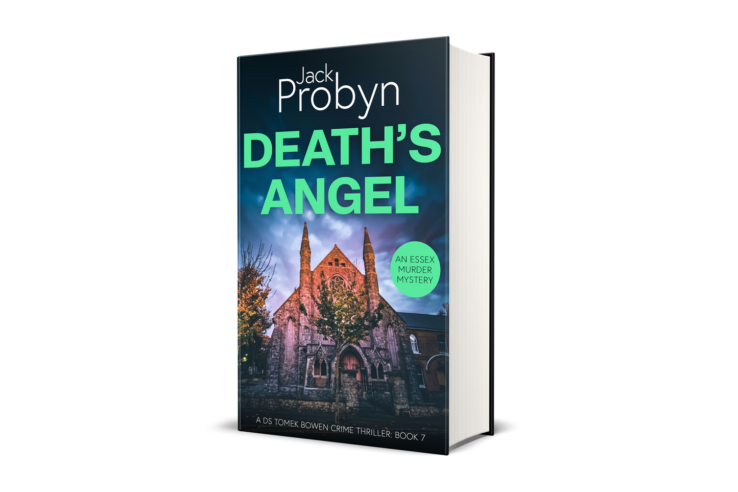 Book cover of Death’s Angel by Jack Probyn. A gritty Essex Murder Mystery featuring an imposing stone gothic church at night, illuminated by warm orange light against a moody blue and purple sky. Book 6 in the DS Tomek Bowen series, perfect for fans of JD Kirk and JM Dalgliesh