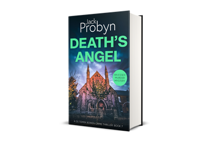 Book cover of Death’s Angel by Jack Probyn. A gritty Essex Murder Mystery featuring an imposing stone gothic church at night, illuminated by warm orange light against a moody blue and purple sky. Book 6 in the DS Tomek Bowen series, perfect for fans of JD Kirk and JM Dalgliesh