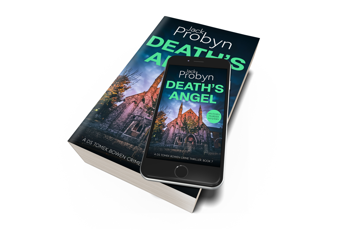 Book cover of Death’s Angel by Jack Probyn. A gritty Essex Murder Mystery featuring an imposing stone gothic church at night, illuminated by warm orange light against a moody blue and purple sky. Book 6 in the DS Tomek Bowen series, perfect for fans of JD Kirk and JM Dalgliesh
