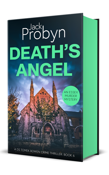Book cover of Death’s Angel by Jack Probyn. A gritty Essex Murder Mystery featuring an imposing stone gothic church at night, illuminated by warm orange light against a moody blue and purple sky. Book 6 in the DS Tomek Bowen series, perfect for fans of JD Kirk and JM Dalgliesh