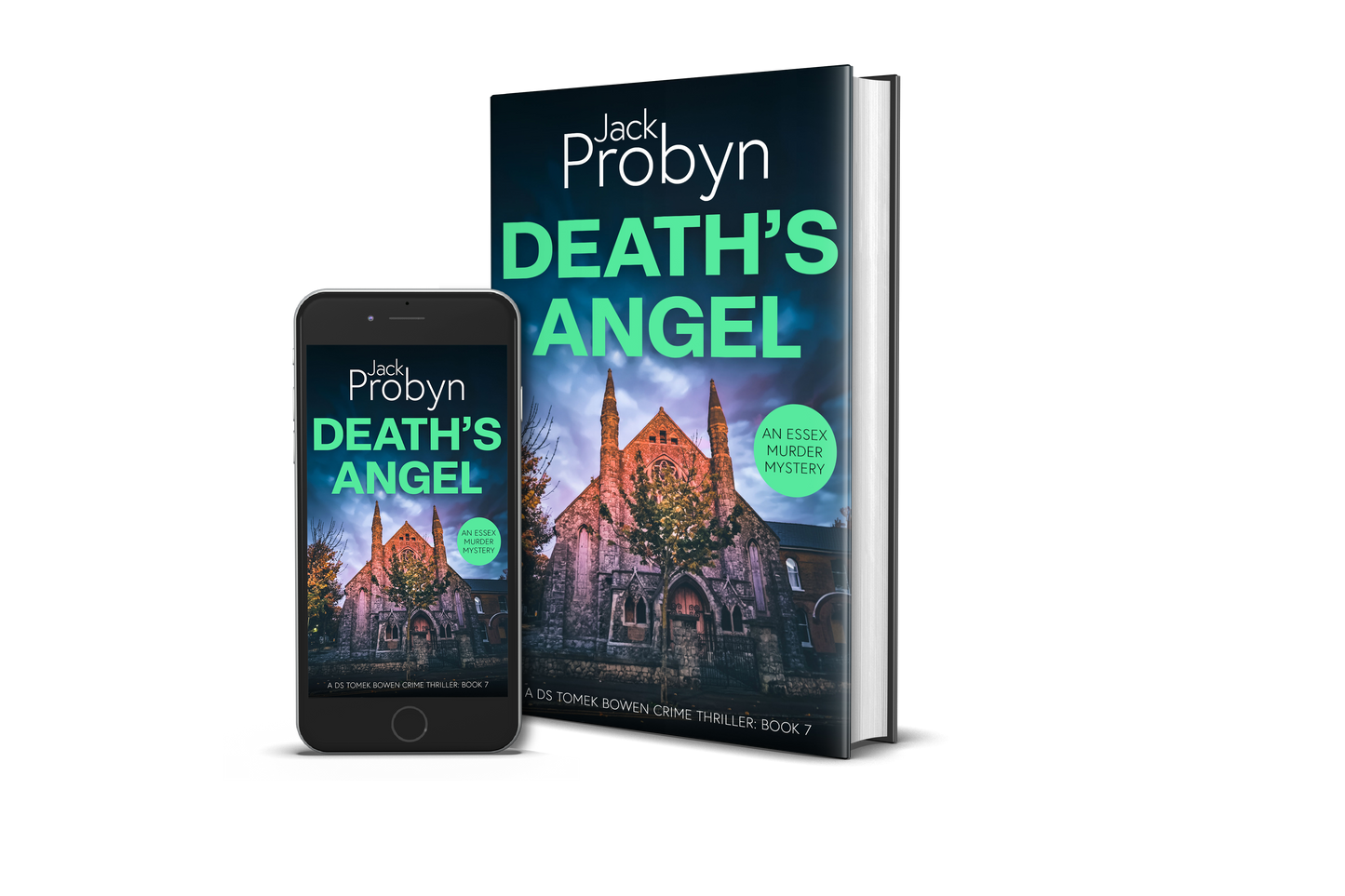 Book cover of Death’s Angel by Jack Probyn. A gritty Essex Murder Mystery featuring an imposing stone gothic church at night, illuminated by warm orange light against a moody blue and purple sky. Book 6 in the DS Tomek Bowen series, perfect for fans of JD Kirk and JM Dalgliesh
