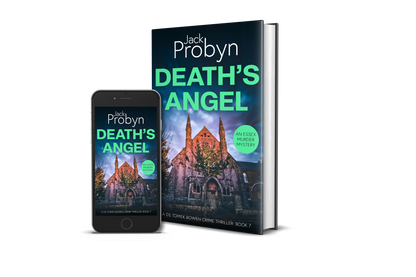 Book cover of Death’s Angel by Jack Probyn. A gritty Essex Murder Mystery featuring an imposing stone gothic church at night, illuminated by warm orange light against a moody blue and purple sky. Book 6 in the DS Tomek Bowen series, perfect for fans of JD Kirk and JM Dalgliesh