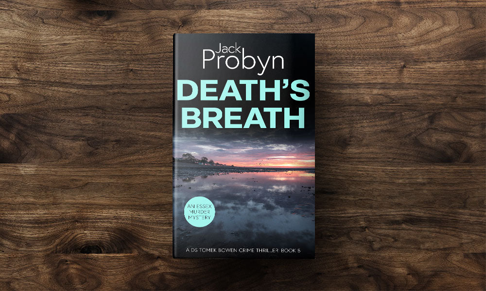 Book cover of Death’s Breath by Jack Probyn. A gritty Essex Murder Mystery showing a wide, mirror-like tidal flat at low tide reflecting a vibrant purple and orange sunset with birds on the horizon. Book 8 in the DS Tomek Bowen series, perfect for fans of JD Kirk and JM Dalgliesh