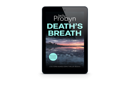 Book cover of Death’s Breath by Jack Probyn. A gritty Essex Murder Mystery showing a wide, mirror-like tidal flat at low tide reflecting a vibrant purple and orange sunset with birds on the horizon. Book 8 in the DS Tomek Bowen series, perfect for fans of JD Kirk and JM Dalgliesh
