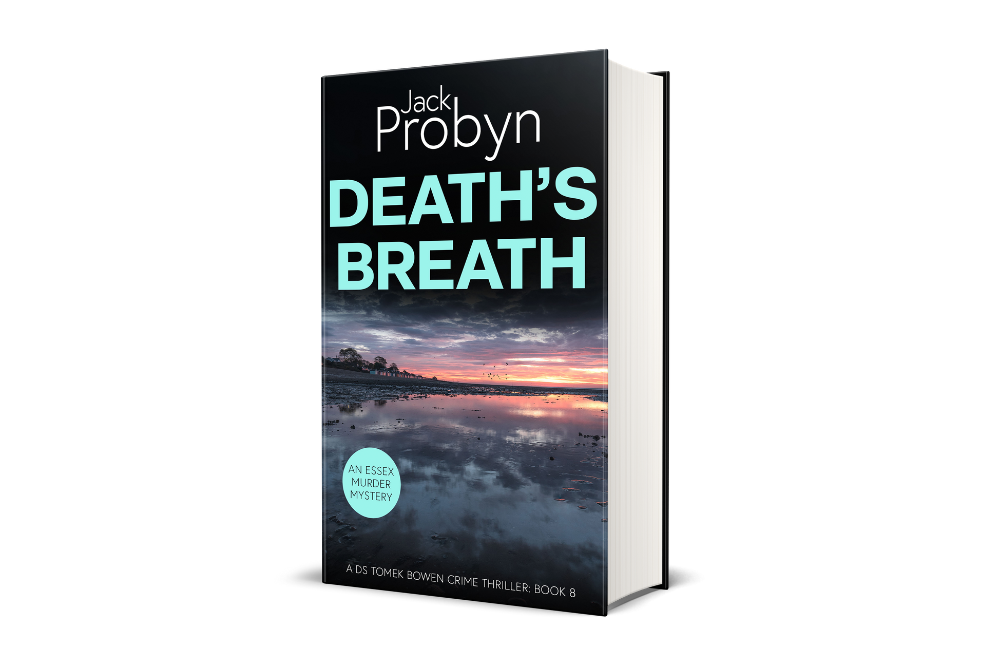 Book cover of Death’s Breath by Jack Probyn. A gritty Essex Murder Mystery showing a wide, mirror-like tidal flat at low tide reflecting a vibrant purple and orange sunset with birds on the horizon. Book 8 in the DS Tomek Bowen series, perfect for fans of JD Kirk and JM Dalgliesh