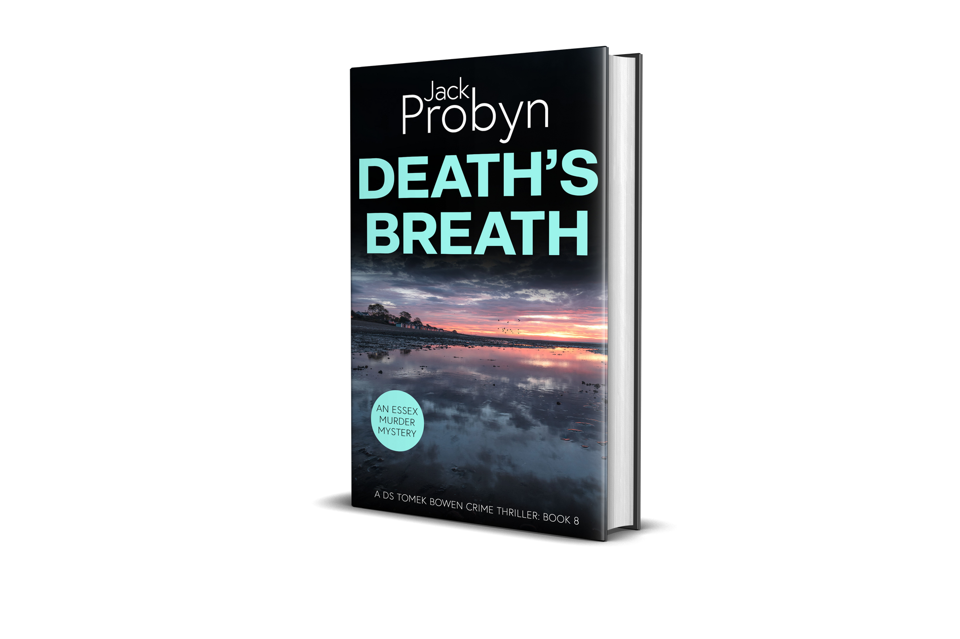 Book cover of Death’s Breath by Jack Probyn. A gritty Essex Murder Mystery showing a wide, mirror-like tidal flat at low tide reflecting a vibrant purple and orange sunset with birds on the horizon. Book 8 in the DS Tomek Bowen series, perfect for fans of JD Kirk and JM Dalgliesh