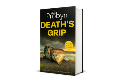 Book cover of Death’s Grip, an Essex Murder Mystery by Jack Probyn. A gritty crime thriller featuring two decaying, rusted boat hulls abandoned on a rocky shoreline at sunset. Book 2 in the DS Tomek Bowen series, perfect for fans of JD Kirk and JM Dalgliesh