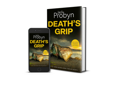 Book cover of Death’s Grip, an Essex Murder Mystery by Jack Probyn. A gritty crime thriller featuring two decaying, rusted boat hulls abandoned on a rocky shoreline at sunset. Book 2 in the DS Tomek Bowen series, perfect for fans of JD Kirk and JM Dalgliesh