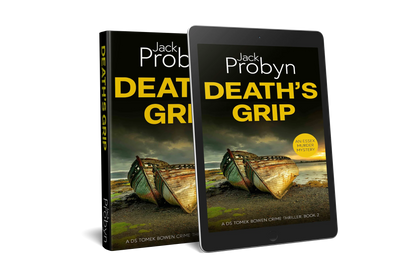 Book cover of Death’s Grip, an Essex Murder Mystery by Jack Probyn. A gritty crime thriller featuring two decaying, rusted boat hulls abandoned on a rocky shoreline at sunset. Book 2 in the DS Tomek Bowen series, perfect for fans of JD Kirk and JM Dalgliesh
