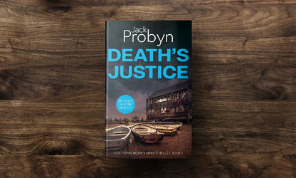 Book cover of Death's Justice, an Essex Murder Mystery by Jack Probyn. A gritty crime thriller featuring a weathered wooden boathouse on a muddy Essex shoreline at dusk. Book 1 in the DS Tomek Bowen series, perfect for fans of JD Kirk and JM Dalgliesh