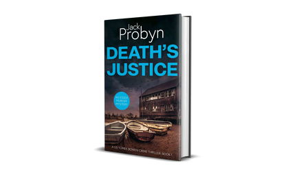 Book cover of Death's Justice, an Essex Murder Mystery by Jack Probyn. A gritty crime thriller featuring a weathered wooden boathouse on a muddy Essex shoreline at dusk. Book 1 in the DS Tomek Bowen series, perfect for fans of JD Kirk and JM Dalgliesh