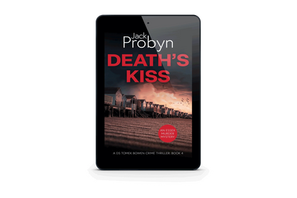 Book cover of Death’s Kiss by Jack Probyn. A gritty Essex Murder Mystery showing a long row of traditional beach huts on a shingle shore at dusk, with birds flying over a pink-hued sky. Book 4 in the DS Tomek Bowen series, perfect for fans of JD Kirk and JM Dalgliesh