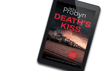 Book cover of Death’s Kiss by Jack Probyn. A gritty Essex Murder Mystery showing a long row of traditional beach huts on a shingle shore at dusk, with birds flying over a pink-hued sky. Book 4 in the DS Tomek Bowen series, perfect for fans of JD Kirk and JM Dalgliesh