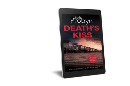 Book cover of Death’s Kiss by Jack Probyn. A gritty Essex Murder Mystery showing a long row of traditional beach huts on a shingle shore at dusk, with birds flying over a pink-hued sky. Book 4 in the DS Tomek Bowen series, perfect for fans of JD Kirk and JM Dalgliesh