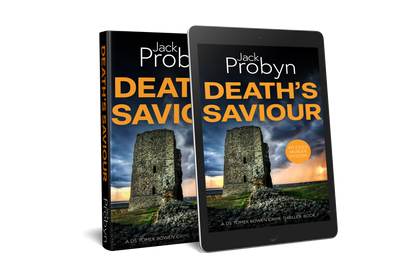 Book cover of Death’s Saviour by Jack Probyn. A gritty Essex Murder Mystery featuring a tall, crumbling stone ruin of a coastal tower under a dramatic, stormy sky at sunset. Book 7 in the DS Tomek Bowen series, perfect for fans of JD Kirk and JM Dalgliesh.