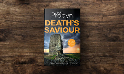 Book cover of Death’s Saviour by Jack Probyn. A gritty Essex Murder Mystery featuring a tall, crumbling stone ruin of a coastal tower under a dramatic, stormy sky at sunset. Book 7 in the DS Tomek Bowen series, perfect for fans of JD Kirk and JM Dalgliesh.