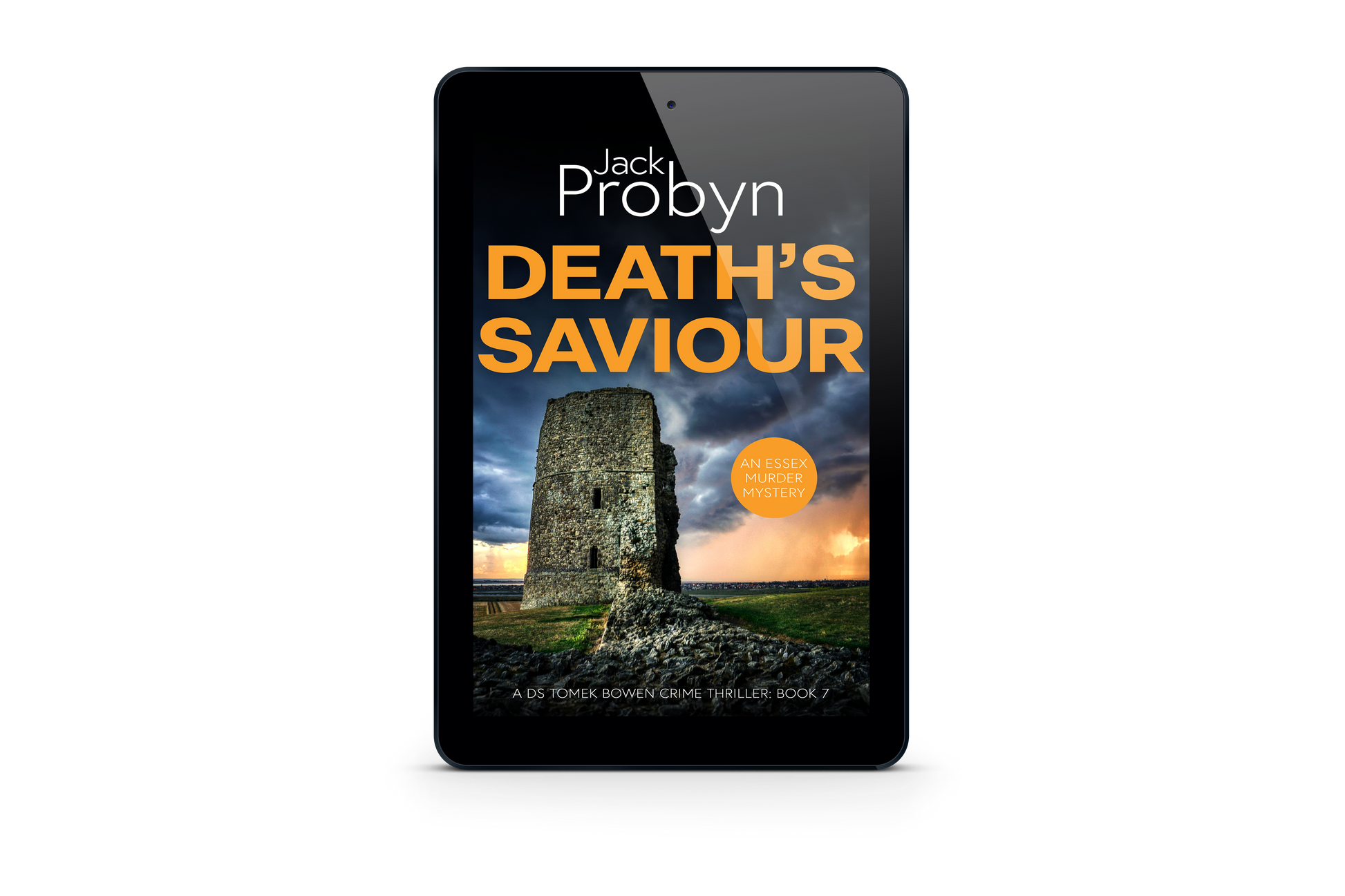 Book cover of Death’s Saviour by Jack Probyn. A gritty Essex Murder Mystery featuring a tall, crumbling stone ruin of a coastal tower under a dramatic, stormy sky at sunset. Book 7 in the DS Tomek Bowen series, perfect for fans of JD Kirk and JM Dalgliesh.
