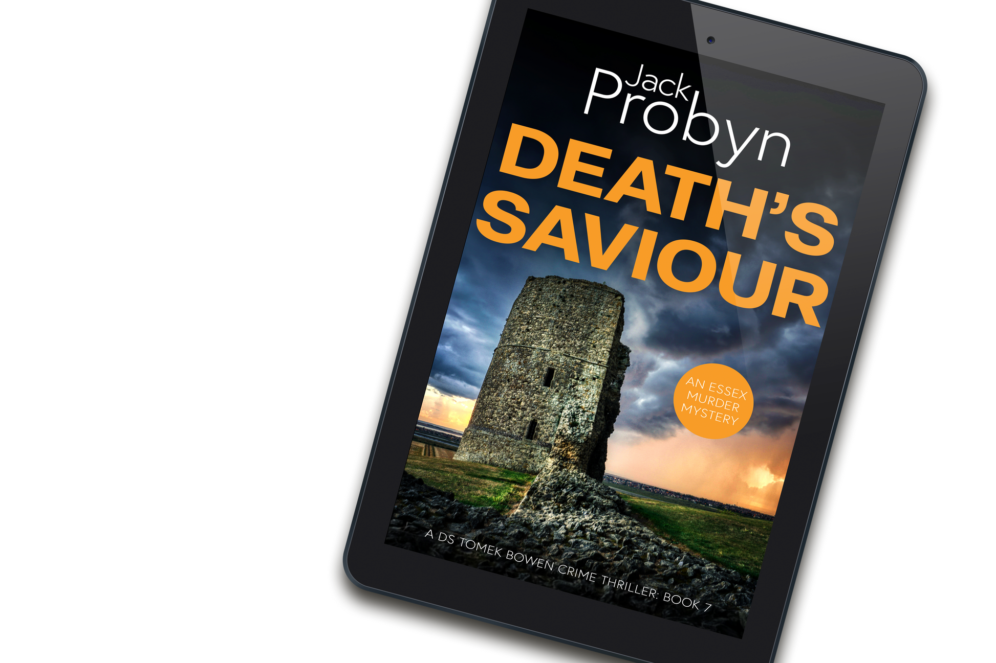 Book cover of Death’s Saviour by Jack Probyn. A gritty Essex Murder Mystery featuring a tall, crumbling stone ruin of a coastal tower under a dramatic, stormy sky at sunset. Book 7 in the DS Tomek Bowen series, perfect for fans of JD Kirk and JM Dalgliesh.