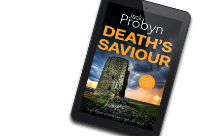 Book cover of Death’s Saviour by Jack Probyn. A gritty Essex Murder Mystery featuring a tall, crumbling stone ruin of a coastal tower under a dramatic, stormy sky at sunset. Book 7 in the DS Tomek Bowen series, perfect for fans of JD Kirk and JM Dalgliesh.