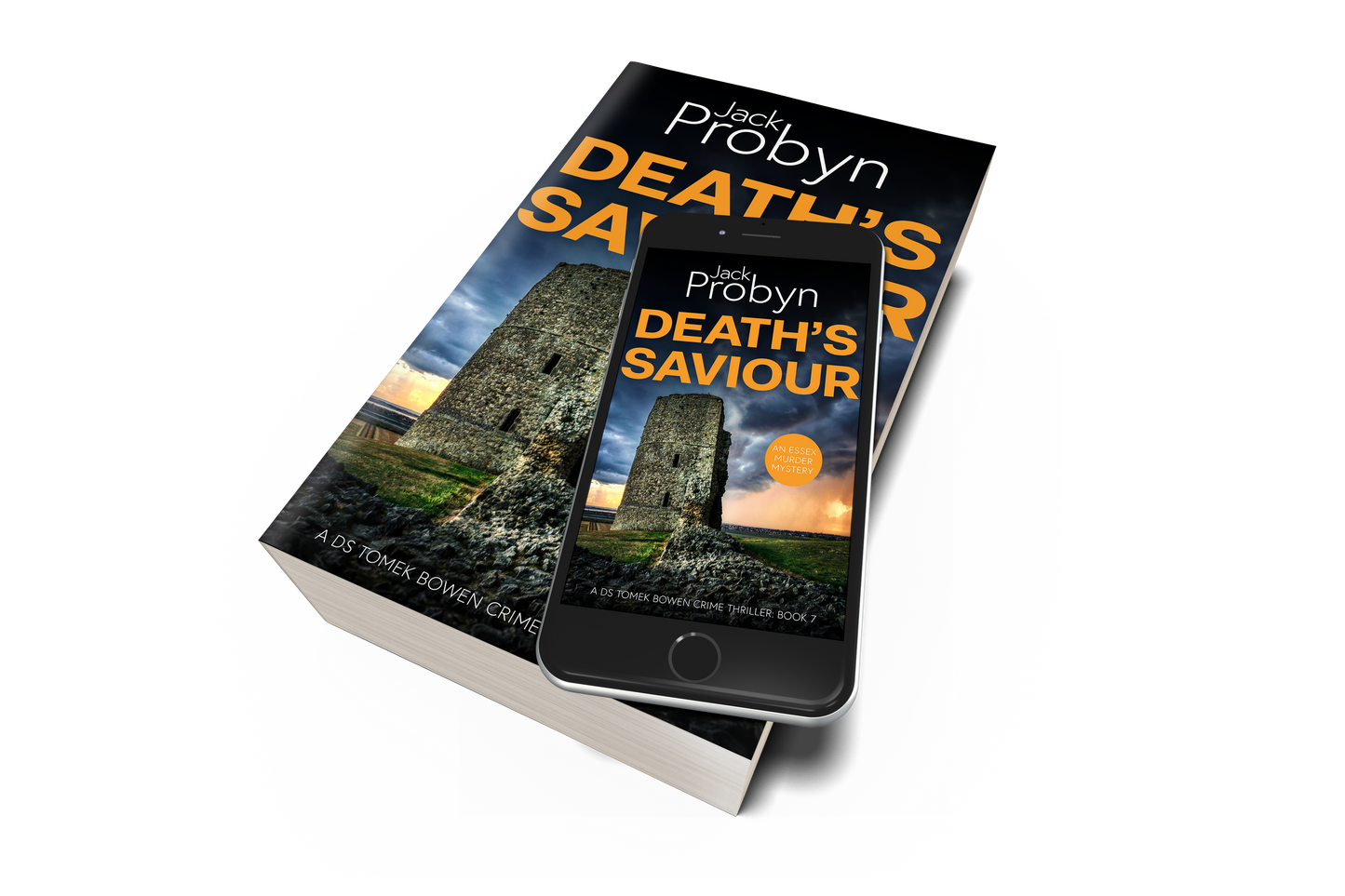 Book cover of Death’s Saviour by Jack Probyn. A gritty Essex Murder Mystery featuring a tall, crumbling stone ruin of a coastal tower under a dramatic, stormy sky at sunset. Book 7 in the DS Tomek Bowen series, perfect for fans of JD Kirk and JM Dalgliesh.