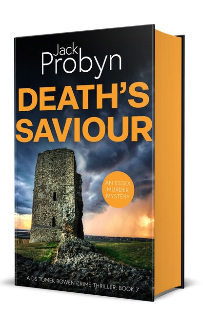 Book cover of Death’s Saviour by Jack Probyn. A gritty Essex Murder Mystery featuring a tall, crumbling stone ruin of a coastal tower under a dramatic, stormy sky at sunset. Book 7 in the DS Tomek Bowen series, perfect for fans of JD Kirk and JM Dalgliesh.