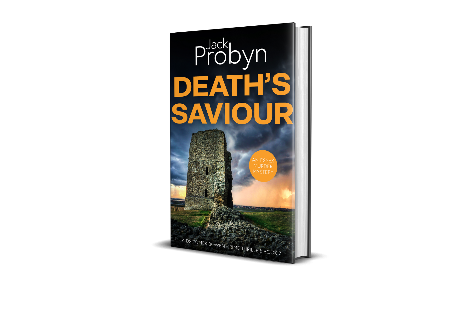 Book cover of Death’s Saviour by Jack Probyn. A gritty Essex Murder Mystery featuring a tall, crumbling stone ruin of a coastal tower under a dramatic, stormy sky at sunset. Book 7 in the DS Tomek Bowen series, perfect for fans of JD Kirk and JM Dalgliesh.