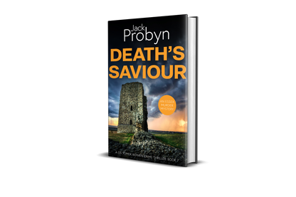 Book cover of Death’s Saviour by Jack Probyn. A gritty Essex Murder Mystery featuring a tall, crumbling stone ruin of a coastal tower under a dramatic, stormy sky at sunset. Book 7 in the DS Tomek Bowen series, perfect for fans of JD Kirk and JM Dalgliesh.
