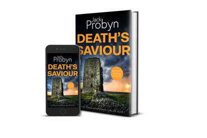 Book cover of Death’s Saviour by Jack Probyn. A gritty Essex Murder Mystery featuring a tall, crumbling stone ruin of a coastal tower under a dramatic, stormy sky at sunset. Book 7 in the DS Tomek Bowen series, perfect for fans of JD Kirk and JM Dalgliesh.