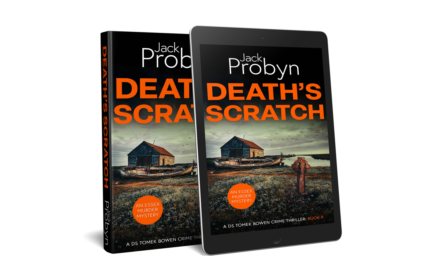 Book cover of Death’s Scratch by Jack Probyn. A gritty Essex Murder Mystery featuring an old stone boathouse and a rotting wooden ship on a marshy shoreline, with a rusted Celtic cross in the foreground. Book 9 in the DS Tomek Bowen series, perfect for fans of JD Kirk and JM Dalgliesh