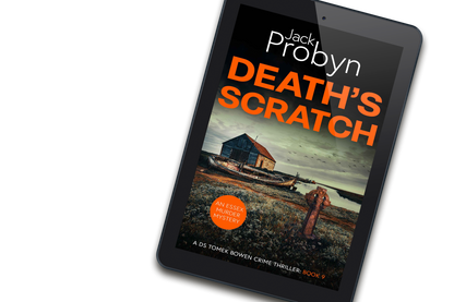 Book cover of Death’s Scratch by Jack Probyn. A gritty Essex Murder Mystery featuring an old stone boathouse and a rotting wooden ship on a marshy shoreline, with a rusted Celtic cross in the foreground. Book 9 in the DS Tomek Bowen series, perfect for fans of JD Kirk and JM Dalgliesh