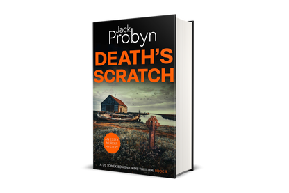 Book cover of Death’s Scratch by Jack Probyn. A gritty Essex Murder Mystery featuring an old stone boathouse and a rotting wooden ship on a marshy shoreline, with a rusted Celtic cross in the foreground. Book 9 in the DS Tomek Bowen series, perfect for fans of JD Kirk and JM Dalgliesh