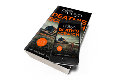 Book cover of Death’s Scratch by Jack Probyn. A gritty Essex Murder Mystery featuring an old stone boathouse and a rotting wooden ship on a marshy shoreline, with a rusted Celtic cross in the foreground. Book 9 in the DS Tomek Bowen series, perfect for fans of JD Kirk and JM Dalgliesh