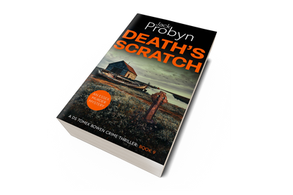 Book cover of Death’s Scratch by Jack Probyn. A gritty Essex Murder Mystery featuring an old stone boathouse and a rotting wooden ship on a marshy shoreline, with a rusted Celtic cross in the foreground. Book 9 in the DS Tomek Bowen series, perfect for fans of JD Kirk and JM Dalgliesh