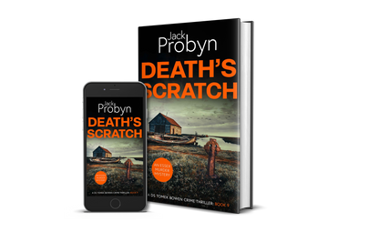 Book cover of Death’s Scratch by Jack Probyn. A gritty Essex Murder Mystery featuring an old stone boathouse and a rotting wooden ship on a marshy shoreline, with a rusted Celtic cross in the foreground. Book 9 in the DS Tomek Bowen series, perfect for fans of JD Kirk and JM Dalgliesh