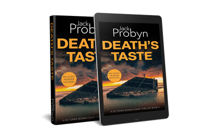 Book cover of Death’s Taste by Jack Probyn. A gritty Essex Murder Mystery featuring a large, slanted concrete sea defense or sunken bunker partially submerged in tidal water at sunset. Book 5 in the DS Tomek Bowen series, perfect for fans of JD Kirk and JM Dalgliesh