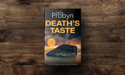 Book cover of Death’s Taste by Jack Probyn. A gritty Essex Murder Mystery featuring a large, slanted concrete sea defense or sunken bunker partially submerged in tidal water at sunset. Book 5 in the DS Tomek Bowen series, perfect for fans of JD Kirk and JM Dalgliesh