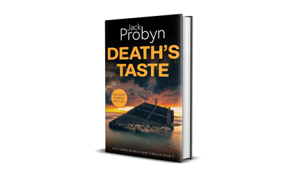 Book cover of Death’s Taste by Jack Probyn. A gritty Essex Murder Mystery featuring a large, slanted concrete sea defense or sunken bunker partially submerged in tidal water at sunset. Book 5 in the DS Tomek Bowen series, perfect for fans of JD Kirk and JM Dalgliesh