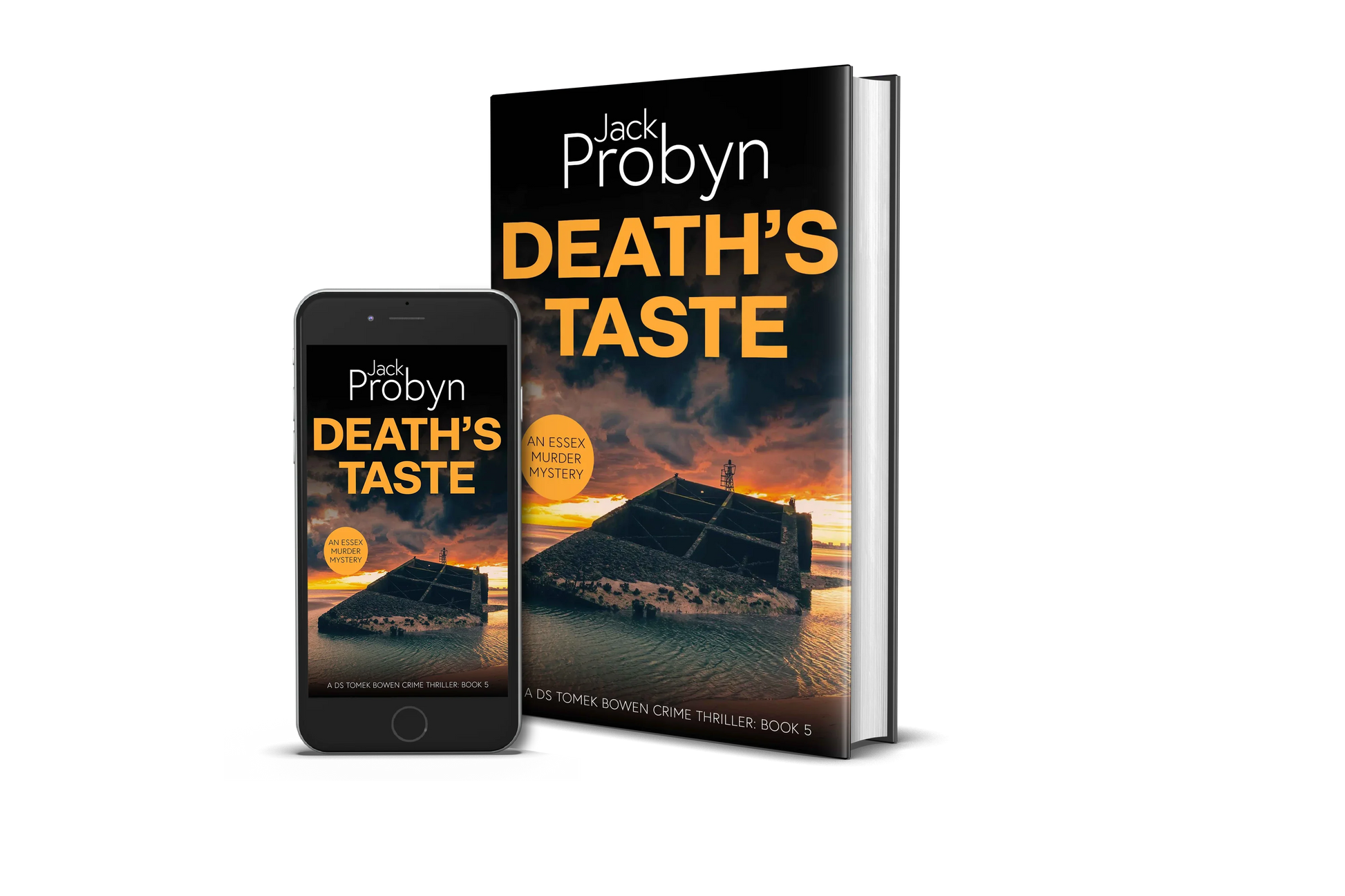 Book cover of Death’s Taste by Jack Probyn. A gritty Essex Murder Mystery featuring a large, slanted concrete sea defense or sunken bunker partially submerged in tidal water at sunset. Book 5 in the DS Tomek Bowen series, perfect for fans of JD Kirk and JM Dalgliesh