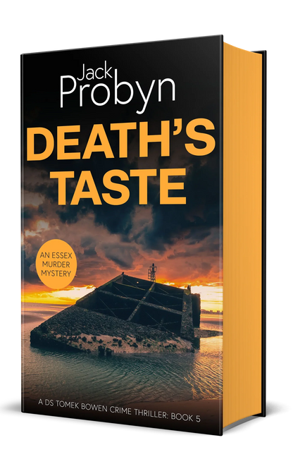 Book cover of Death’s Taste by Jack Probyn. A gritty Essex Murder Mystery featuring a large, slanted concrete sea defense or sunken bunker partially submerged in tidal water at sunset. Book 5 in the DS Tomek Bowen series, perfect for fans of JD Kirk and JM Dalgliesh
