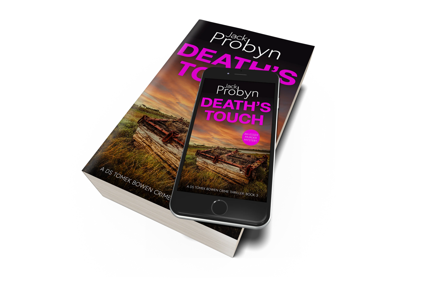 Book cover of Death’s Touch, an Essex Murder Mystery by Jack Probyn. A gritty crime thriller featuring a rusted, heavy wooden crate or trap with metal chains abandoned in a grassy marshland under a fiery orange sunset. Book 3 in the DS Tomek Bowen series, perfect for fans of JD Kirk and JM Dalgliesh
