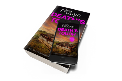 Book cover of Death’s Touch, an Essex Murder Mystery by Jack Probyn. A gritty crime thriller featuring a rusted, heavy wooden crate or trap with metal chains abandoned in a grassy marshland under a fiery orange sunset. Book 3 in the DS Tomek Bowen series, perfect for fans of JD Kirk and JM Dalgliesh
