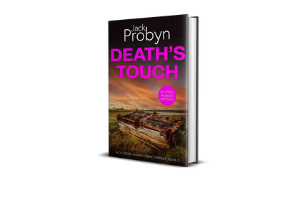 Book cover of Death’s Touch, an Essex Murder Mystery by Jack Probyn. A gritty crime thriller featuring a rusted, heavy wooden crate or trap with metal chains abandoned in a grassy marshland under a fiery orange sunset. Book 3 in the DS Tomek Bowen series, perfect for fans of JD Kirk and JM Dalgliesh