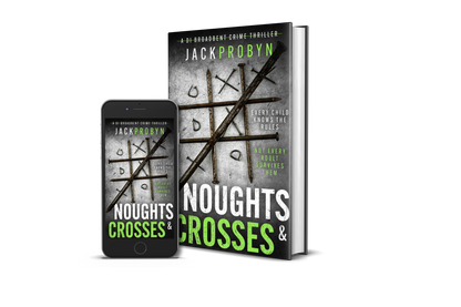 Book cover for Noughts & Crosses, a DI Broadbent crime thriller by Jack Probyn. Large, rusted iron nails are arranged on a scratched metallic surface to form a tic-tac-toe game board, with small bent nails acting as the "noughts.”